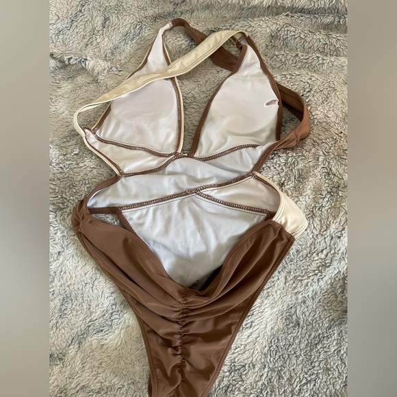 COPY RELISTED- Super cute cream and brown open back, sexy bodysuit/swimsuit. - Picture 2 of 5